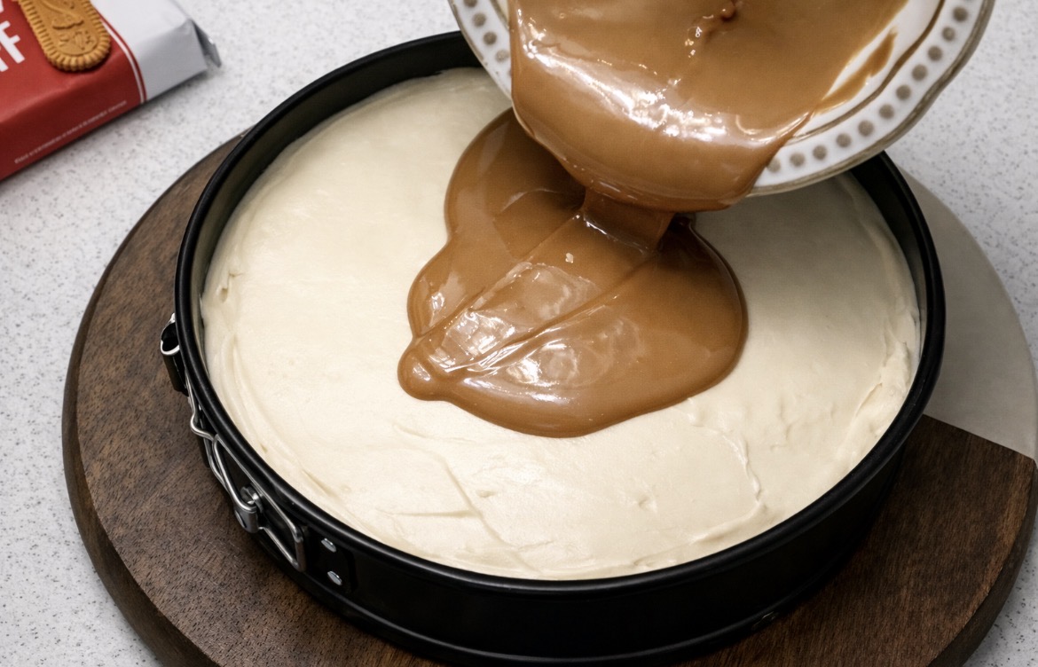 Lotus Spread i shkrirë hidhet mbi cheesecake-un pa pjekje