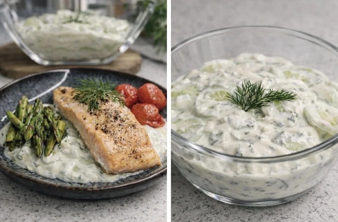Sallatë kremoze me kastravec dhe kopër, e shërbyer me salmon